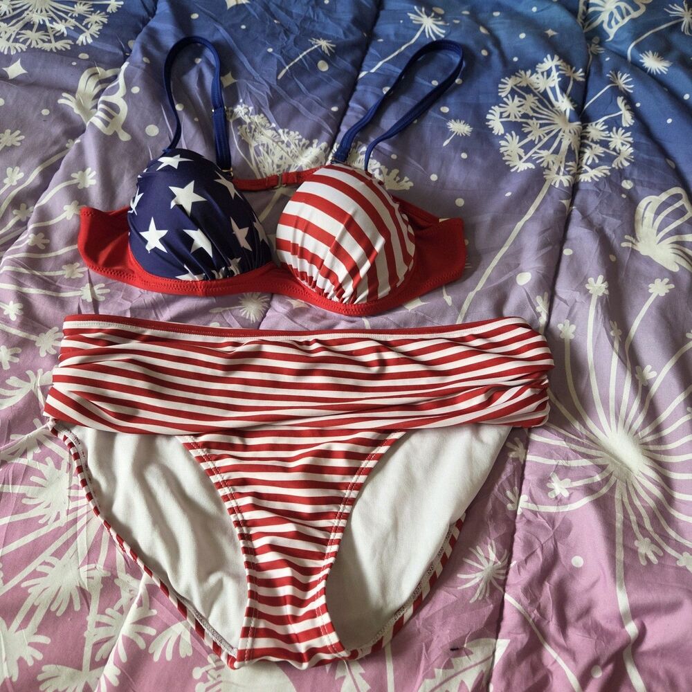 Patriotic USA Flag Bikini Set Women’s XL Padded Push Up 4th of July Swimwear